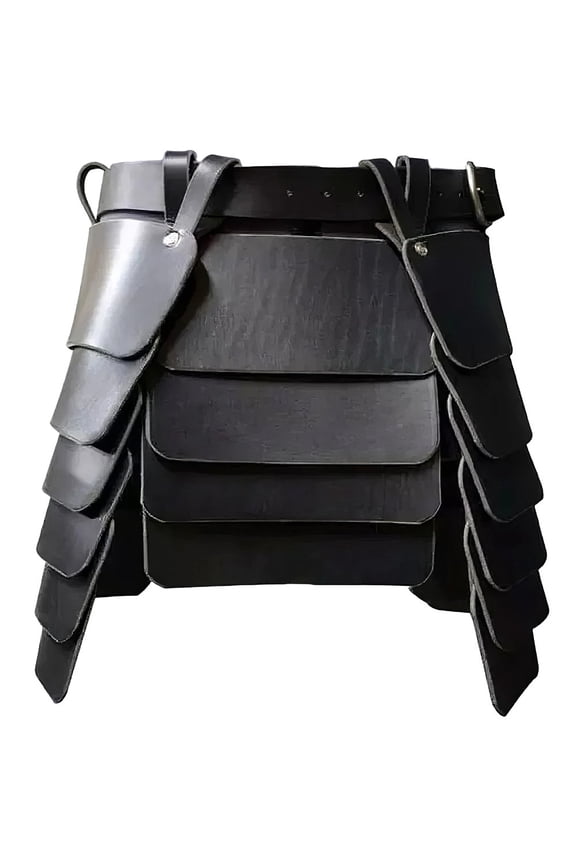 Retro Three-Sided Thigh Armor Medieval Wide Waist Belt Armor Skirt PU Leather Mercenary Knights Skirt with Wide Buckle Belt (Black)