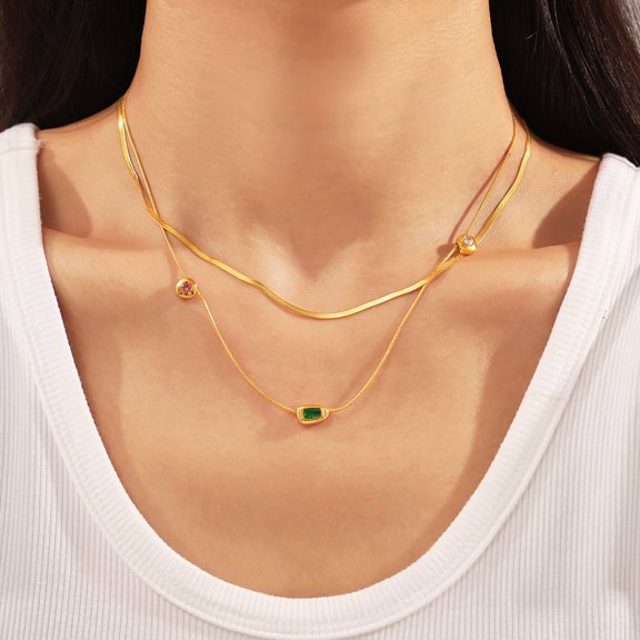 Retro Three-color Glass Stone Pendant Clavicle Chain