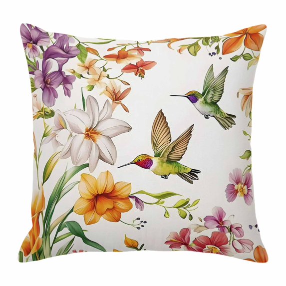 Retro Throw Pillow Cover Colorful Floral Hummingbird Spring Scenery Pastoral Cotton Linen Cushion Cover Throw Pillow Case with Invisible Zipper for Couch Sofa Bed Chair Car 20x20 Inch