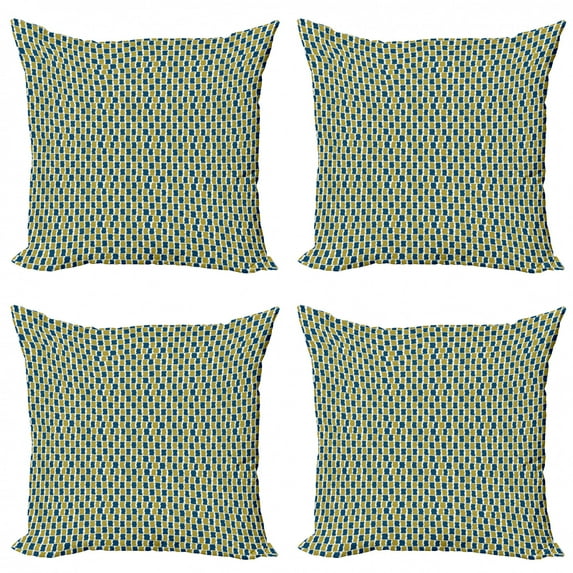 Retro Throw Pillow Cushion Case Pack of 4, Bicolour Wavy Squares in Symmetric Textured Vintage Graphic Pattern, Modern Accent Double-Sided Print, 4 Sizes, Dark Khaki Night Blue, by Ambesonne