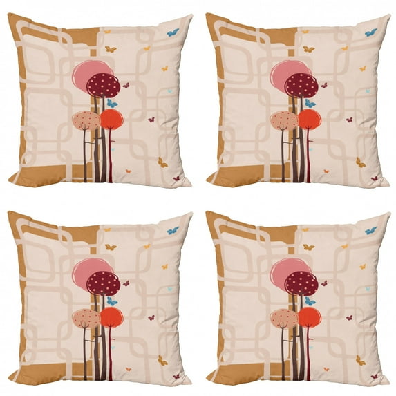 Ambesonne Retro Throw Pillow Cover 4 Pack, Colorful Trees Butterfly, 16", Dried Rose Scarlet