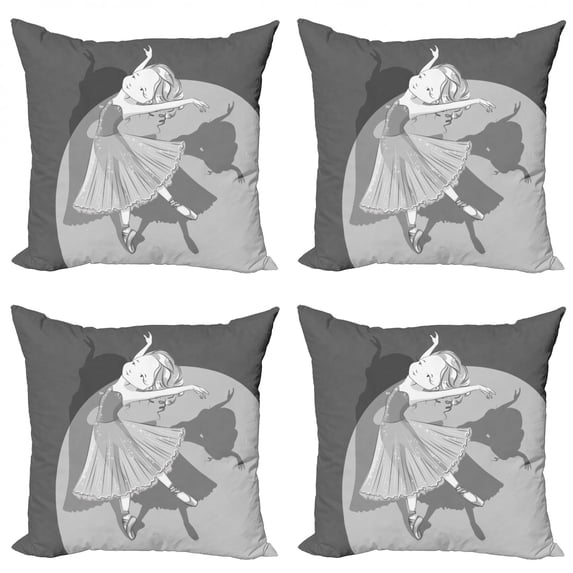 Ambesonne Retro Throw Pillow Cover 4 Pack, Ballerina Girl Shadow, 18", Pale Grey and Grey