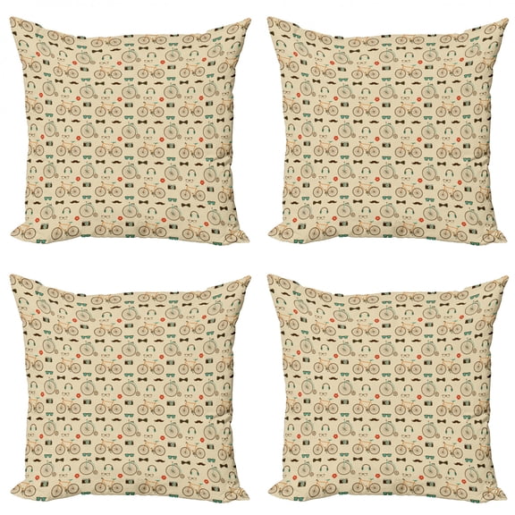 Retro Throw Pillow Cushion Case Pack of 4, Hipster Style Pattern with Old Fashioned Bicycles Sunglasses Headphones Cameras Lips, Modern Accent Double-Sided Print, 4 Sizes, Multicolor, by Ambesonne