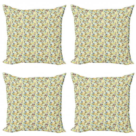 Retro Throw Pillow Cushion Case Pack of 4, Nostalgic Art Pattern with Abstract Triangles, Modern Accent Double-Sided Print, 4 Sizes, Multicolor, by Ambesonne