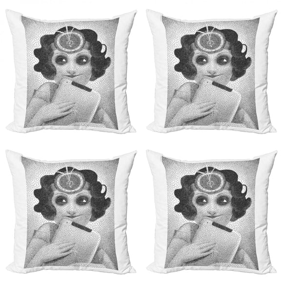 Retro Throw Pillow Cushion Case Pack of 4, Pointillist Design of Pencil Drawn Curly Haired Girl Holding Her Tablet, Modern Accent Double-Sided Print, 4 Sizes, Black Grey and White, by Ambesonne