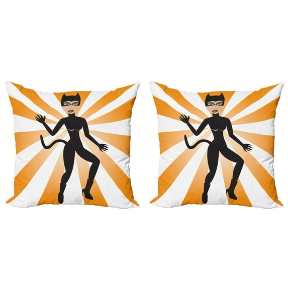 Ambesonne Retro Throw Pillow Cover 2 Pack, Cat Woman in Costume Rays, 16", Orange Grey