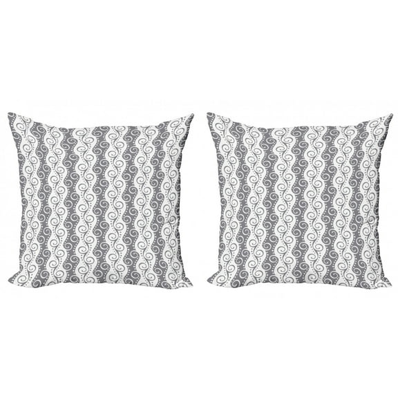 Retro Throw Pillow Cushion Cover Pack of 2, Continuous Vertical Stripes with Swirls and Dots Pattern Doodle Ornamentation, Zippered Double-Side Digital Print, 4 Sizes, Grey and White, by Ambesonne