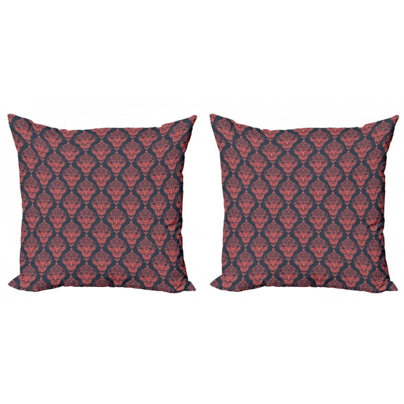 Ambesonne Retro Throw Pillow Cover 2 Pack, Shabby Damask Rococo, 16", Dark Coral Blue Grey