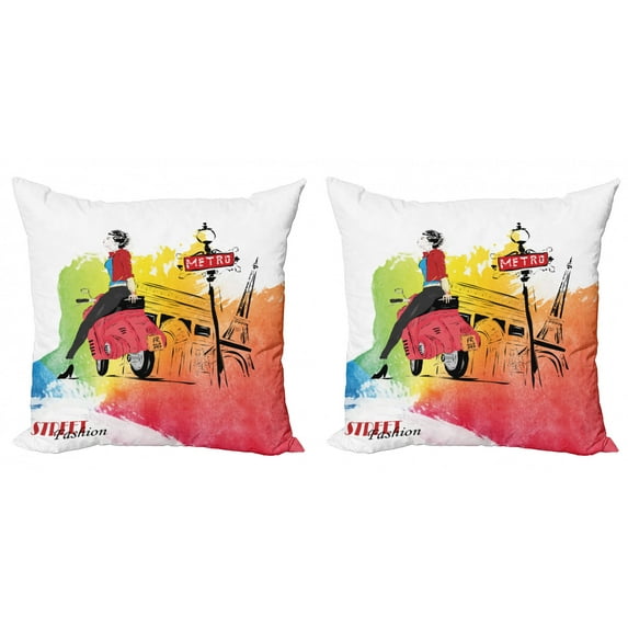 Ambesonne Retro Throw Pillow Cover 2 Pack, Tower Street Fashion, 20", Orange and Red