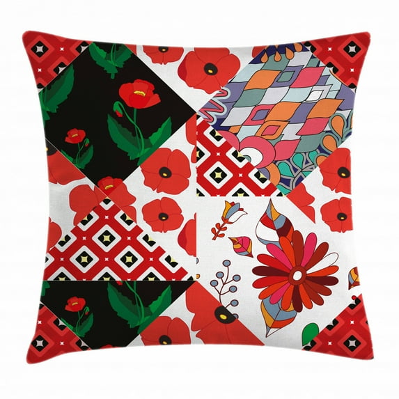 Retro Throw Pillow Cushion Cover, Patchwork Inspired Pattern with Poppy Flowers Russian Slavic Cultural Design Revival, Decorative Square Accent Pillow Case, 16 X 16 Inches, Multicolor, by Ambesonne