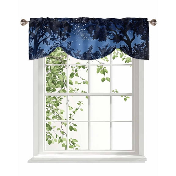 Retro Tie Up Valances Curtain, Starry Sky Night Forest Tree Shadows Pastoral Kitchen Valances for Windows Decor, Rod Pocket Short Curtains Set for Bedroom/Bathroom, 42"x12"