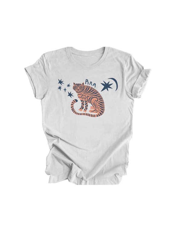 Retro Tiger Graphic Tee Cute Vintage Tiger Shirt Modern Boho Tshirt Eclectic Tiger Tops Asian Tiger Astrology Zodiac Tshirt Stars Celestial