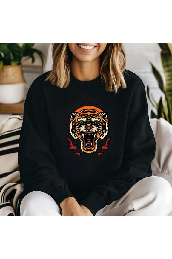Retro Tiger Head Tattoo Vintage Bold Graphic Style Sweatshirt, for men & women, up to size 5XL.