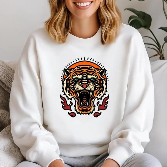 Retro Tiger Head Tattoo Vintage Bold Graphic Style Sweatshirt, for men & women, up to size 5XL.