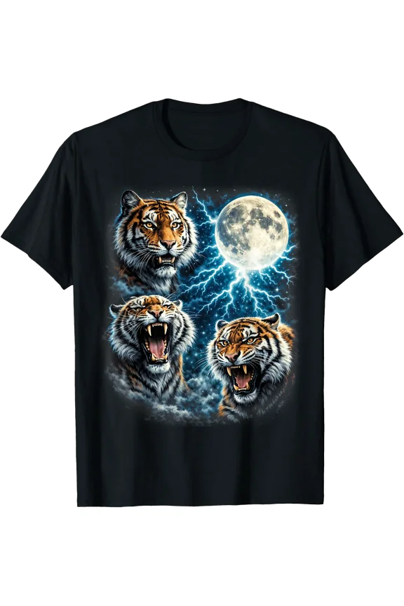 Retro Tiger Moon Lightning Roaring Wildlife Art T-Shirt