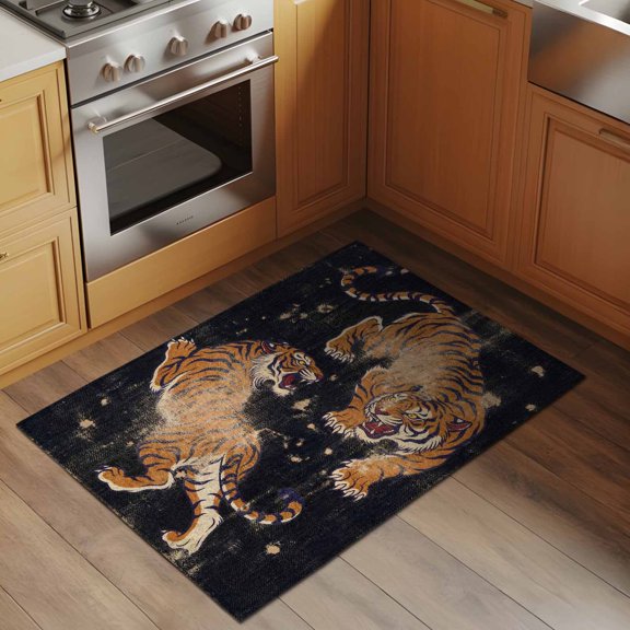 Retro Tiger Pattern 2x3 Rug for Entryway Front Door Kitchen Sink Area, Traditional Wild Animal Black Background Low Pile Washable Non Slip Rectangle Area Rug