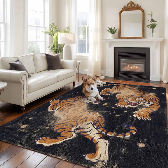 Retro Tiger Pattern 5x8 Rug for Bedroom Under Queen Bed Placement, Traditional Wild Animal Black Background Washable Non Slip Large Rectangle Area Rug