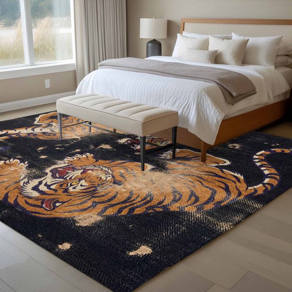 Retro Tiger Pattern 6x9 Rug for Dining Room Table and Chair Setup, Traditional Wild Animal Black Background Low Pile Washable Non Slip Rectangle Area Rug