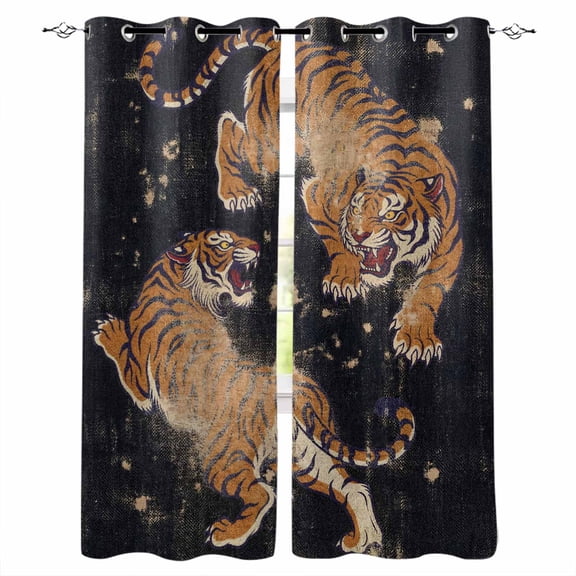 Retro Tiger Pattern Blackout Curtains 63 Inch Length Traditional Wild Animal Black Background Thermal Insulated Window Curtain Window Drapes 2 Panels for Bedroom Living Room 52"Wx63"L