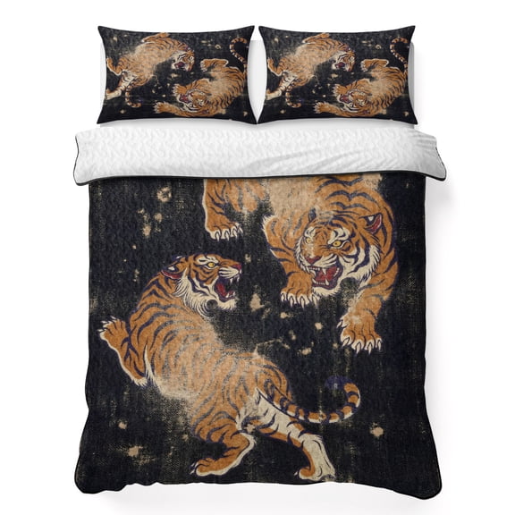 Retro Tiger Pattern California King Quilt Bedding Set, Traditional Wild Animal Black Background Lightweight Comforter with 2 Pillow Shams Bedroom Bedspread Set Home Decor for All Seasons