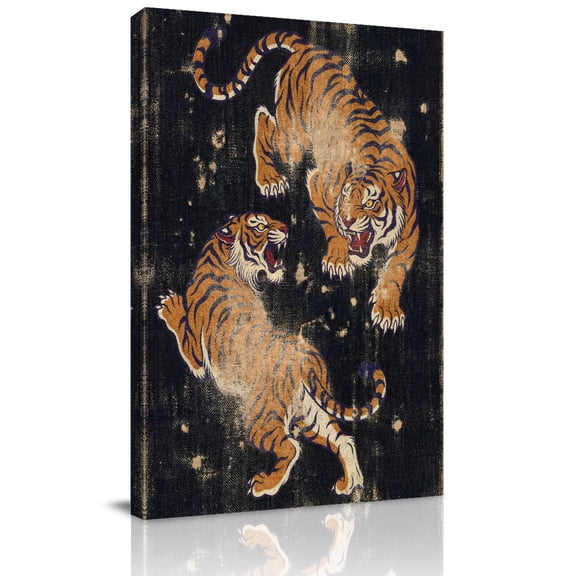 Retro Tiger Pattern Canvas Wall Art for Living Room, Traditional Wild Animal Black Background Wall Decor Framed Artwork Pictures Ready to Hang for Bedroom Office Home Decor