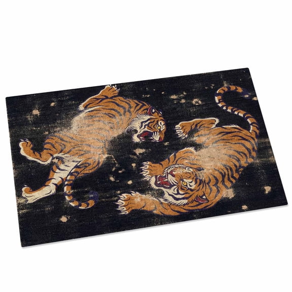 Retro Tiger Pattern Door Mat 16x24 Inch Traditional Wild Animal Black Background Entryway Rug with Non-Slip Rubber, Front Door Mat Indoor Floor Mats for Living Room Bathroom Bedroom Home Office