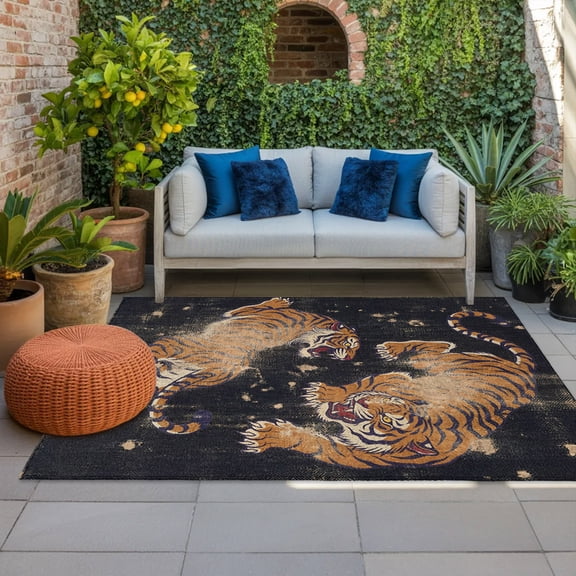 Retro Tiger Pattern Indoor Outdoor Rugs 4x6 Ft, Traditional Wild Animal Black Background Outdoor Patio Rugs Mat Washable Outside Area Rugs Carpet for Porch Deck RV Camping Pool Balcony Backyard