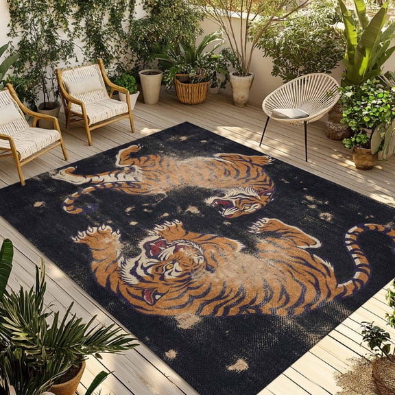 Retro Tiger Pattern Outdoor Rug, Traditional Wild Animal Black Background Non-Slip Area Rugs Carpet Breathable Large Floor Mat for Outdoors Patio Porch Deck Beach 3’ x 5’