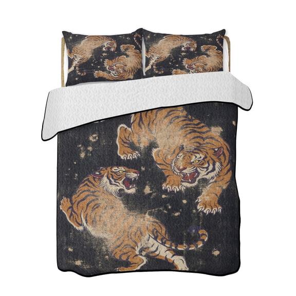 Retro Tiger Pattern Quilts Bedding Set Full Size Traditional Wild Animal Black Background Lightweight Quilted Bedspread 3 Piece Bed Quilt with 2 Pillow Shams All Season for Bedroom 68" x 98"