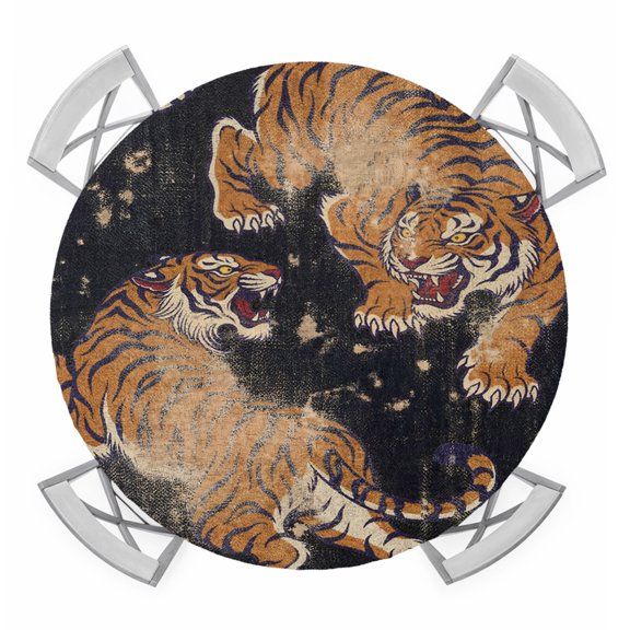 Retro Tiger Pattern Round Table Cover, Traditional Wild Animal Black Background Waterproof Fitted Tablecloths for 55"-60" Tables, Washable Picnic Table Cover for Camping Dining Indoor Outdoor