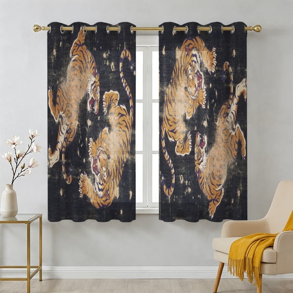 Retro Tiger Pattern Sheer Curtains 39 Inch Long 2 Panels, Traditional Wild Animal Black Background Light Filtering Semi Sheer Drapes Grommet Voile Window Curtain for Living Bedroom W27.9 x L39
