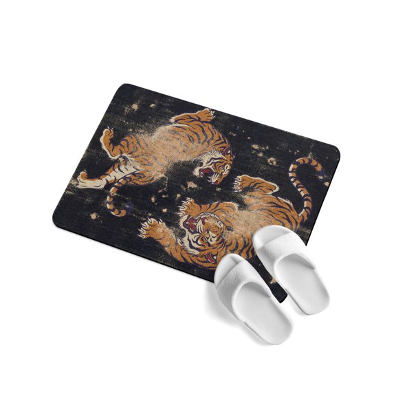 Retro Tiger Pattern Soft Diatomaceous Earth Mat, Traditional Wild Animal Black Background Absorbent Bath Mat Non Slip Rubber Backed Quick Dry Doormat Fit Under Door for Bathroom Kitchen 24"x36"