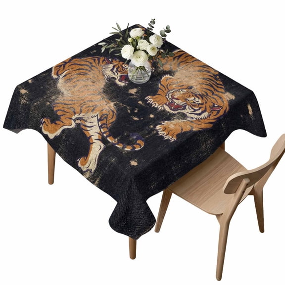 Retro Tiger Pattern Square Tablecloth Traditional Wild Animal Black Background Waterproof Wrinkle Free Soft Table Cloth Spill-Proof Washable Table Cover for Dining Party Picnic 60 x 60 Inch