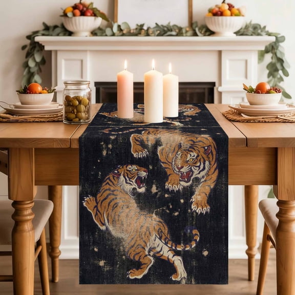 Retro Tiger Pattern Table Runner, Traditional Wild Animal Black Background Washable Cotton-linen Table Runners Dining Kitchen Decoration for Everyday Home Wedding Party Decor, 13 x 36 Inch