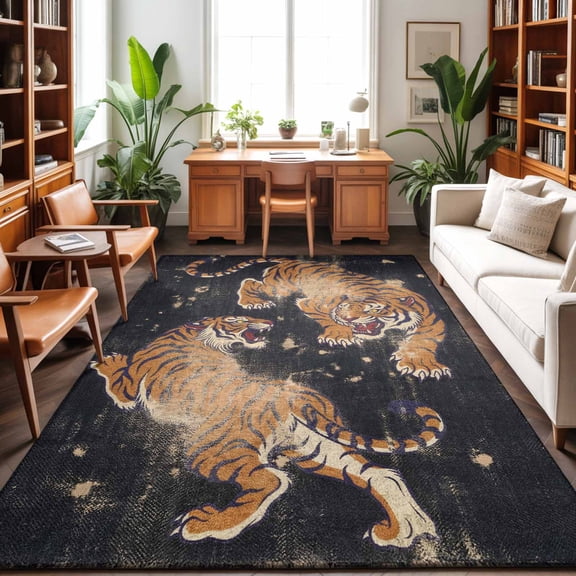 Retro Tiger Pattern Washable Area Rug 9 x 12 ft Traditional Wild Animal Black Background, Soft Non Slip Rugs Stain Repellent Indoor Felt Carpet for Living Dining Room Bedroom Home Office