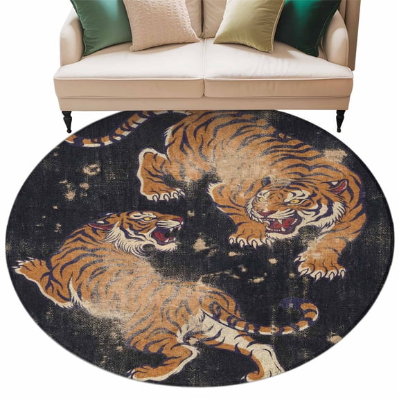 Retro Tiger Round Rug 8ft Washable Circle Rugs Non Slip Black Wildlife Animals Vintage Large Area Rug Indoor Floor Carpet for Bedroom Kitchen Living Room Home Office Dining Room Nursery