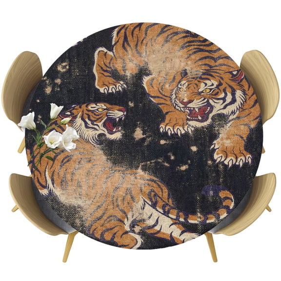 Retro Tiger Round Tablecloth 36-44 Inch Round Fitted Table Cloth with Elastic Edge, Black Wildlife Animals Vintage Waterproof Table Cover Protector for Outdoor Picnic Party Dining