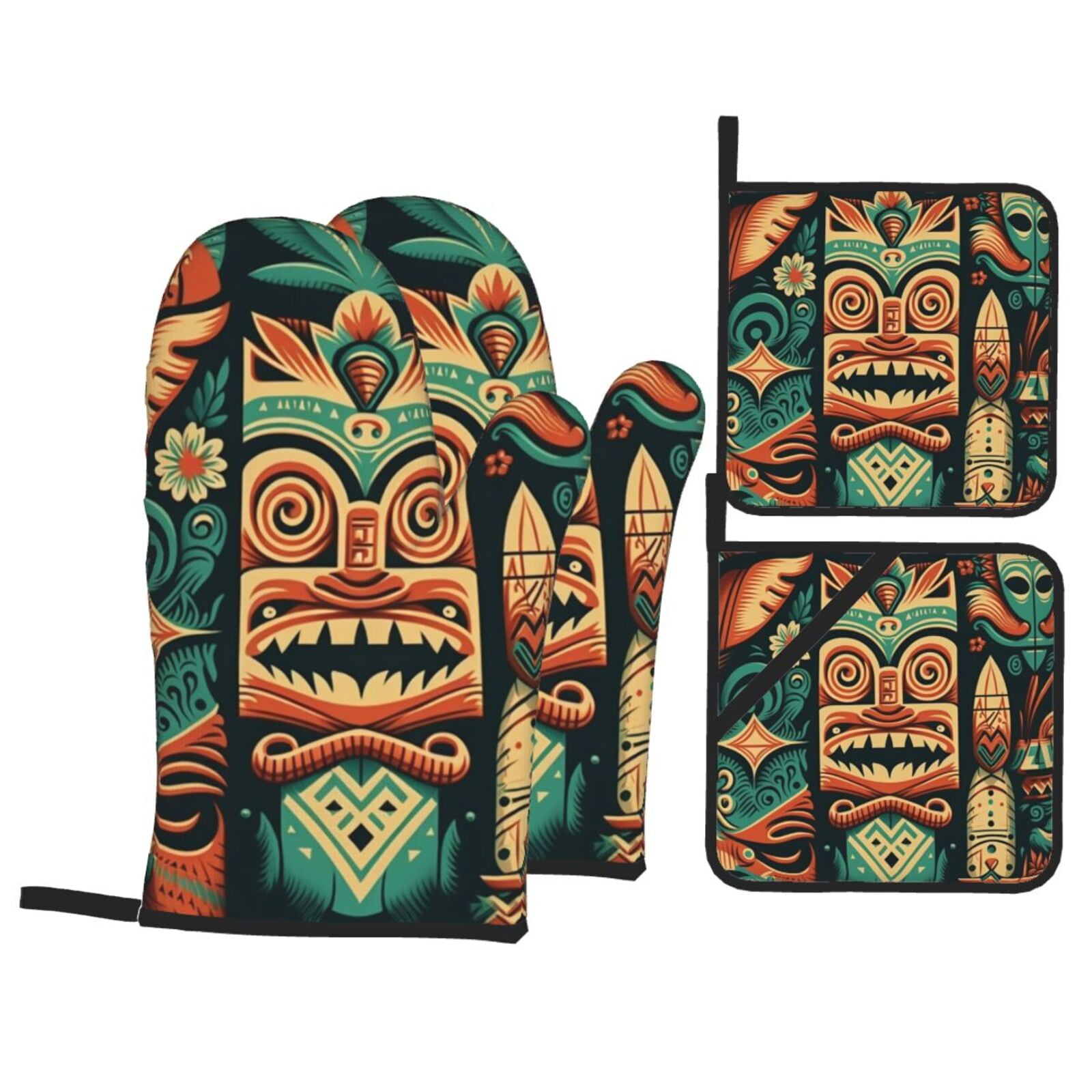 Retro Tiki Hawaiian Vintage 4Pcs Oven Mitts and Pot Holders Sets Oven Kitchen Gloves Hot Pads for Cooking BBQ Baking Grilling