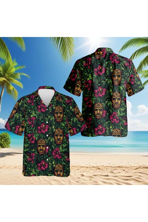 Retro Tiki Mask Hawaiian Shirt for Men, Button Down Summer Beach Short Sleeve, Tropical Style, Sizes S-5XL