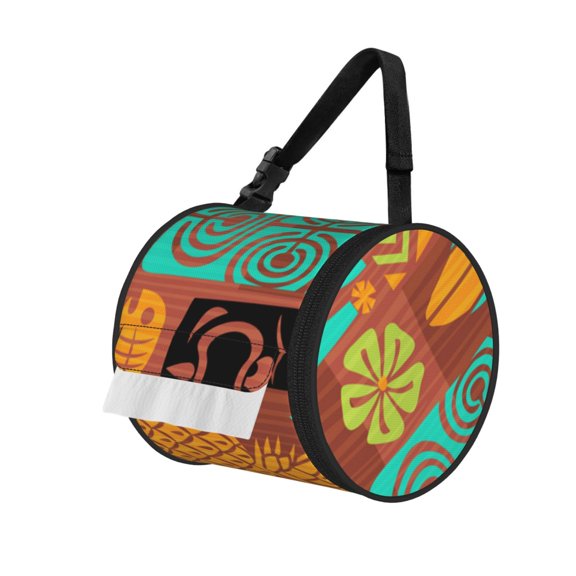 Retro Tiki Tribal Hawaiian Portable Cylinder Toilet Paper Holder Tissue Dispenser Hanging Storage Bag with Strap