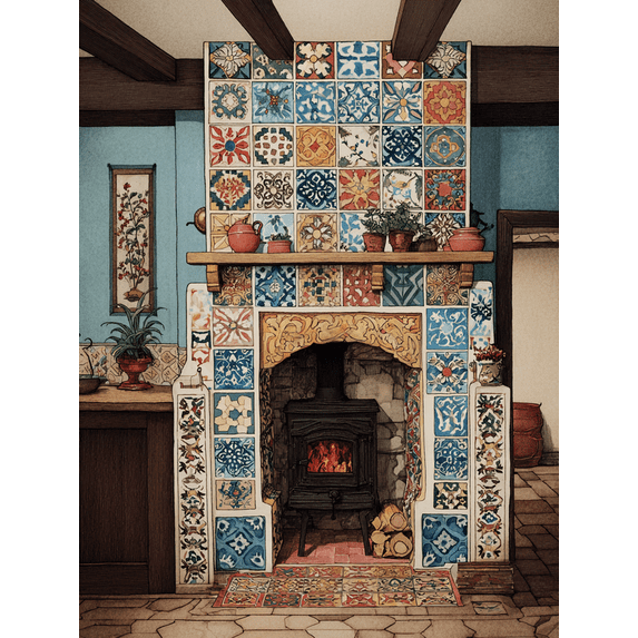 Retro Tile Fireplace Canvas Print Wall Decor for Kitchen Living Room Restaurant Home Interior Design