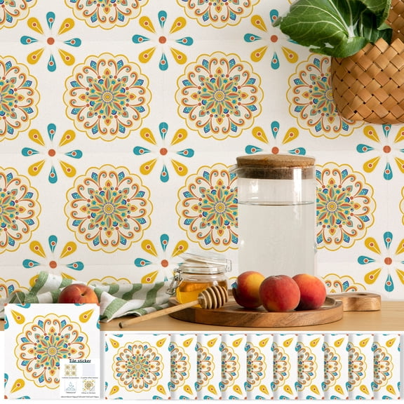 Retro Tile Stickers Set of 10 Pieces 7.87x7.87 Inch Boho Style Peel and Stick Kitchen Backsplash Wall Decals Bathroom Tile Decal Removable
