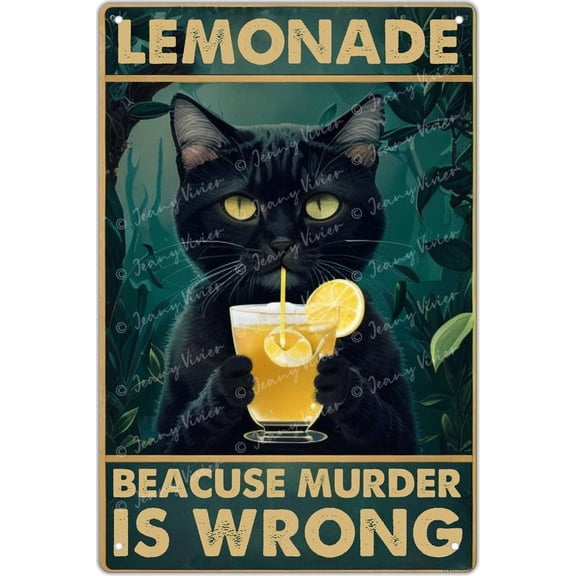 Retro Tin Sign Black Cat Decor, Lemonade Because Murder Is Wrong Vintage Tin Sign, Decorative Signage for Cat Lovers, Lemon Decorations for Kitchen Cafes Shop 12x16 Inch