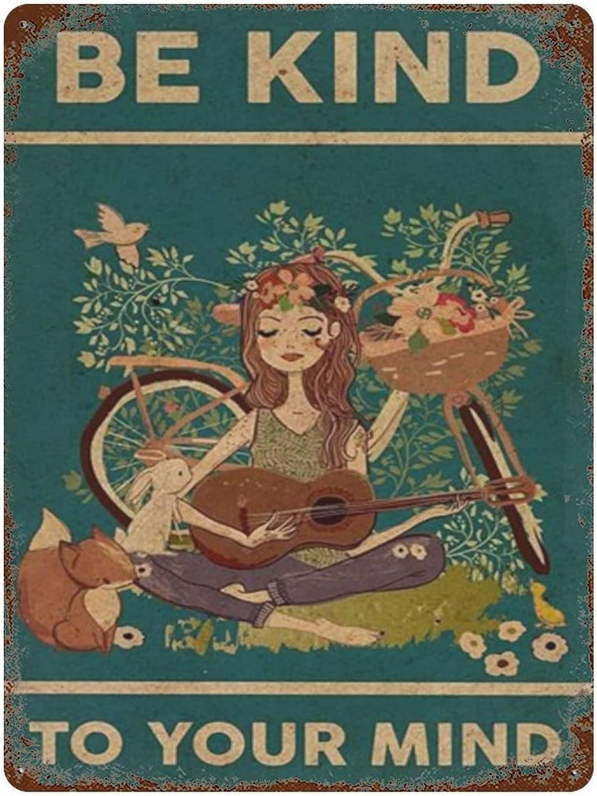 Retro Tin Sign Floral Plant Fox Rabbit Duck Bicycle Guitar Girl Be Kind ...