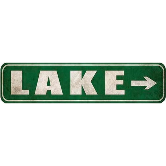Retro Tin Sign - Lake With Arrow Sign, Rustic Metal Sign, Rustic Street Sign or Door Name Plate Plaque, 4"x16"