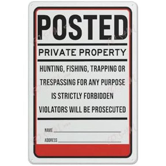 Retro Tin Sign Private Property Sign With Hunting & Trespassing Warning Indoor & Outdoor Use Safety Warning Sign 12"X8"