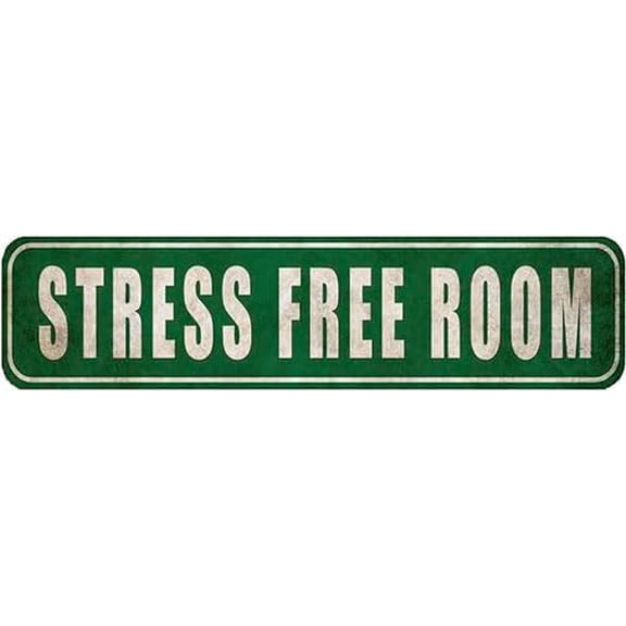 Retro Tin Sign - Stress Free Zone Sign, Zen Space Relaxation Metal Sign, Farmhouse Style Decor, Rustic Street Sign or Door Name Plate Plaque, 4x16 Inch