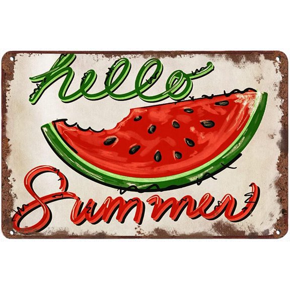 Retro Tin Sign Vintage Hello Summer Watermelon Kitchen Decor Summer Decor Funny Wall Decor Plaque Tin Sign 12x8 INCH Sign Gift