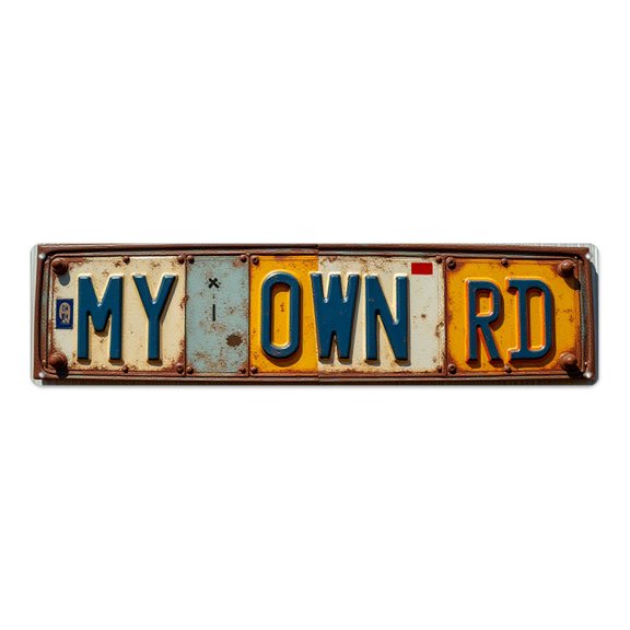 Retro Tin Signs 16*4 in License Plate Art Road Theme"MY OWN RD text on rusty metal" indie room decor funny room decor vintage bedroom decor garage bolted edges