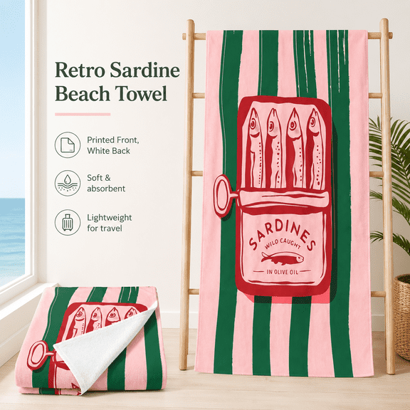 Retro Tinned Sardine Foodie Pop Art Striped Microfiber Sandless Quick Dry Absorbent Beach Towel Women Men Pool Swim Picnic Euro Vacation Quirky Gift 30x60 Inch